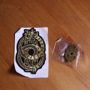 Mythical society iron on badge and small pin, new and unused, from Good Mythical